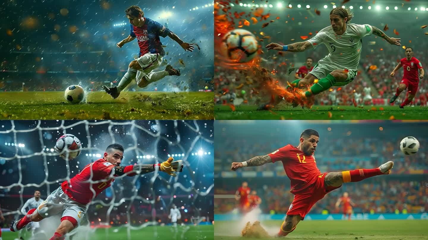 精湛足球比赛中球员射门精准无误