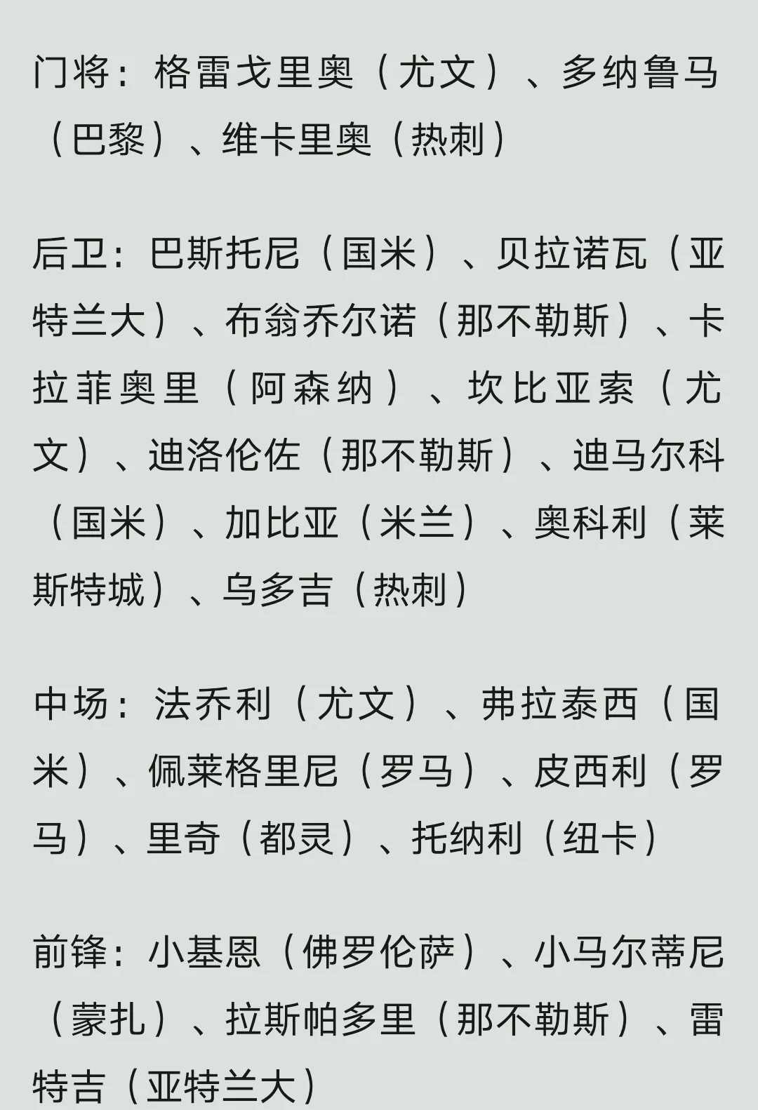 意大利队阵容全面，实现连胜